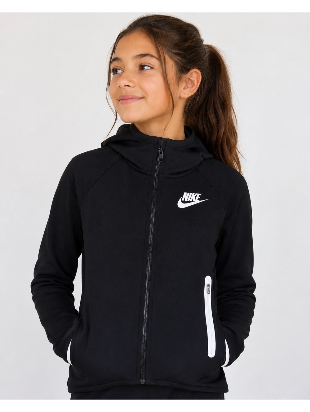 Nike Girls Medium Full Zip Hooded Jacket Black White High Low Athletic